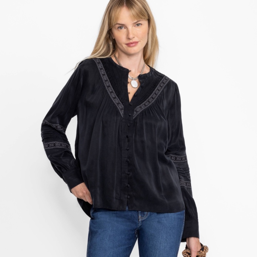 Johnny Was Womens Pintuck Blouse, Black